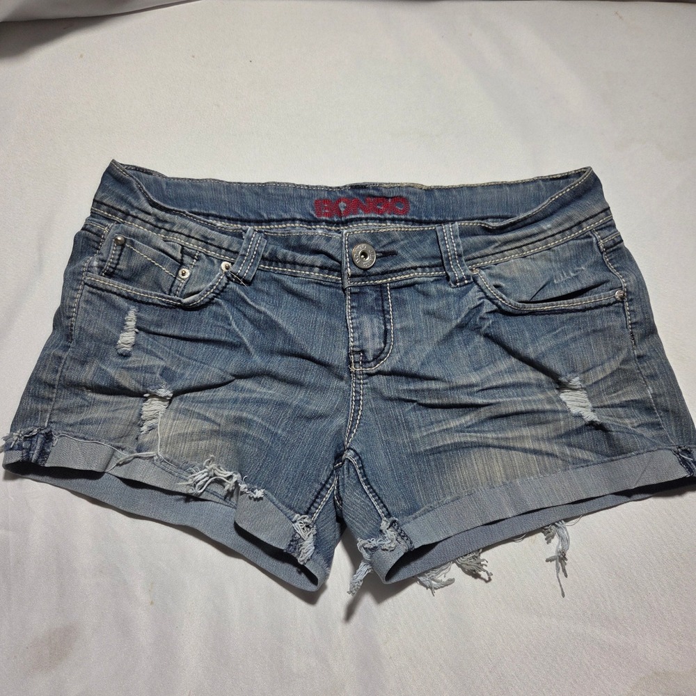 Bongo Womens Distressed Denim Shorts Blue Embroidered Butterfly Pockets Size 13